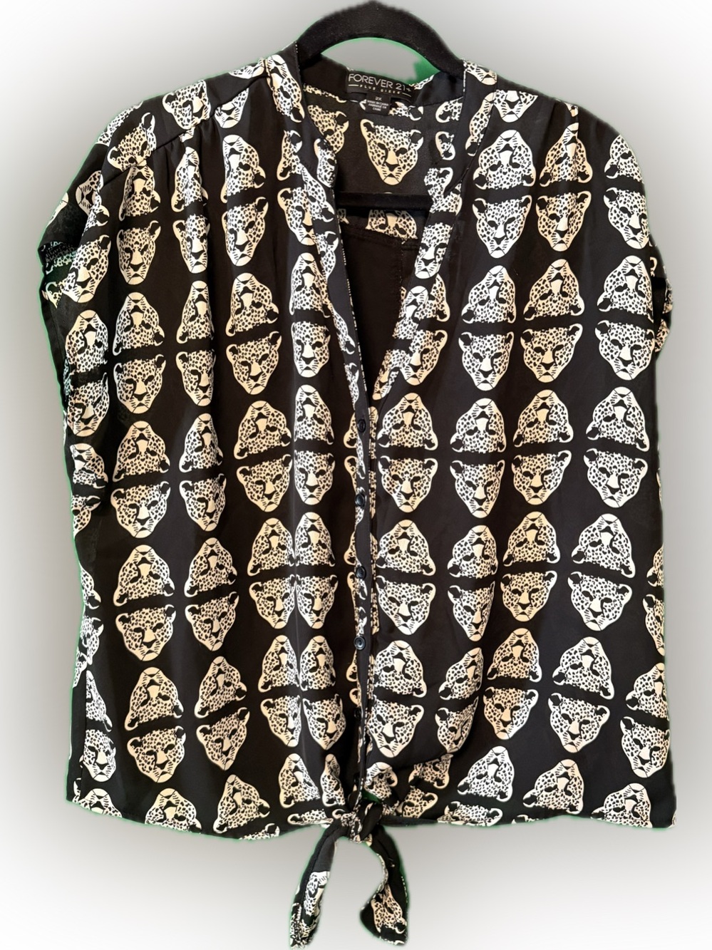 Forever 21 Black and White Leopard-Print Tie-Front Button Shirt